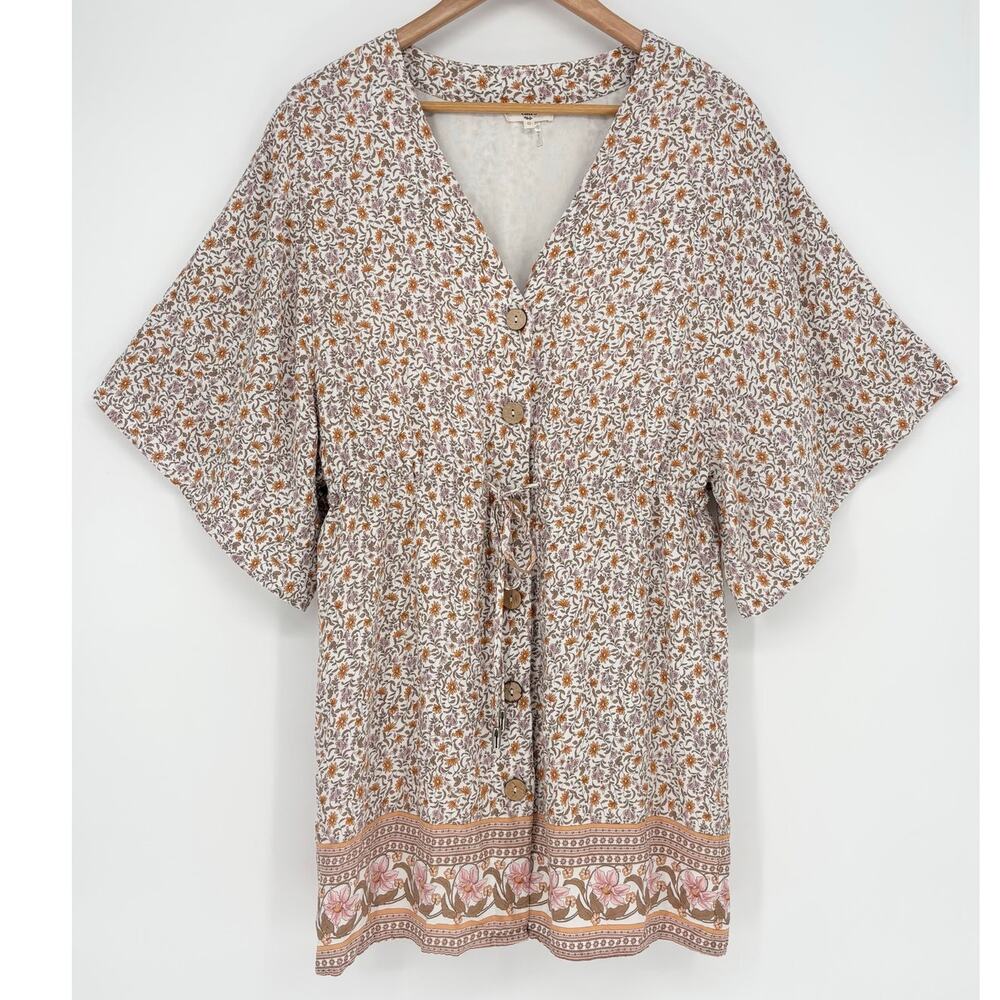 Entro Cinch Drawstring Waist Flutter Sleeve Floral Button Front Dress Size S